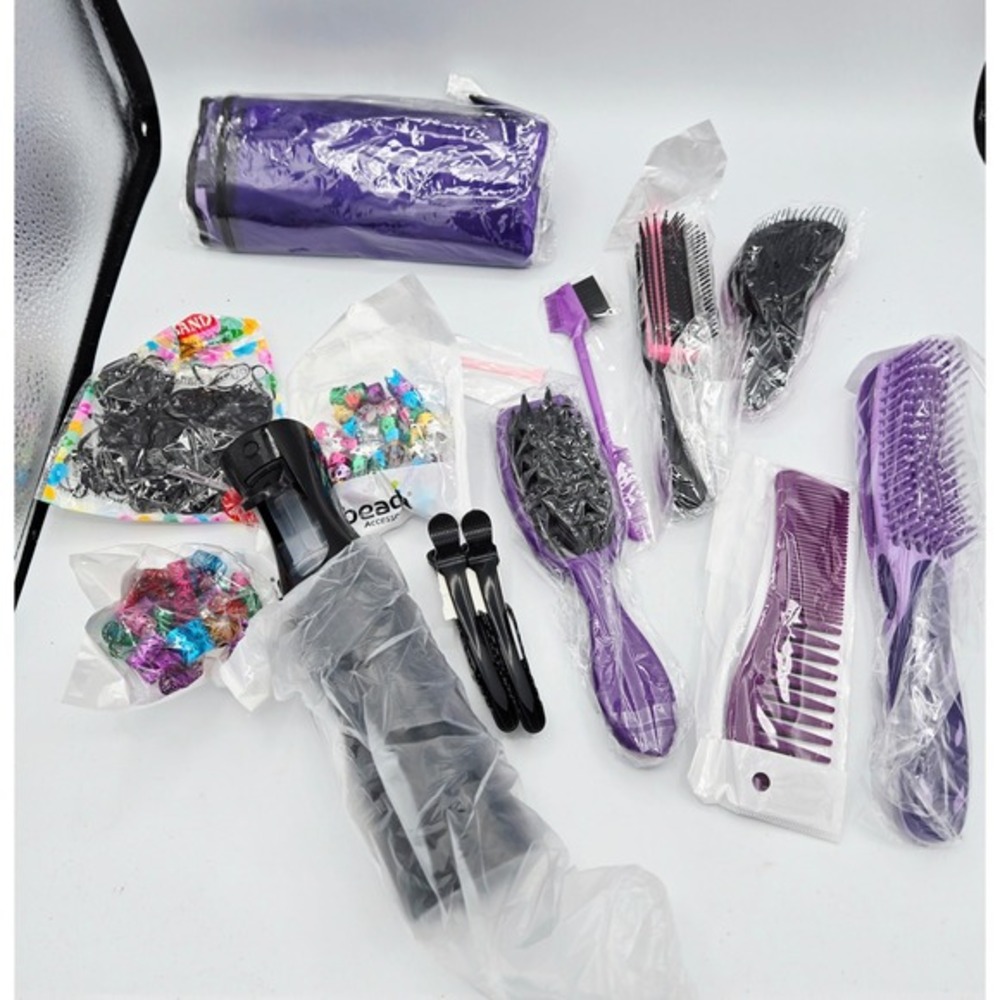 Hair Accessories Set Combs,‎ Brushes, Clips, Ties & Travel Bag Bundle New
